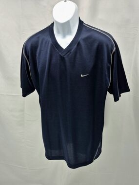 NWOT Nike Vintage Y2K Navy Blue Piping Center Swoosh V-Neck Performance Shirt L